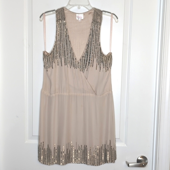Parker 100% Silk Sleeveless Gold Sequin Fully Lined Mini Dress Nude L - Picture 10 of 15